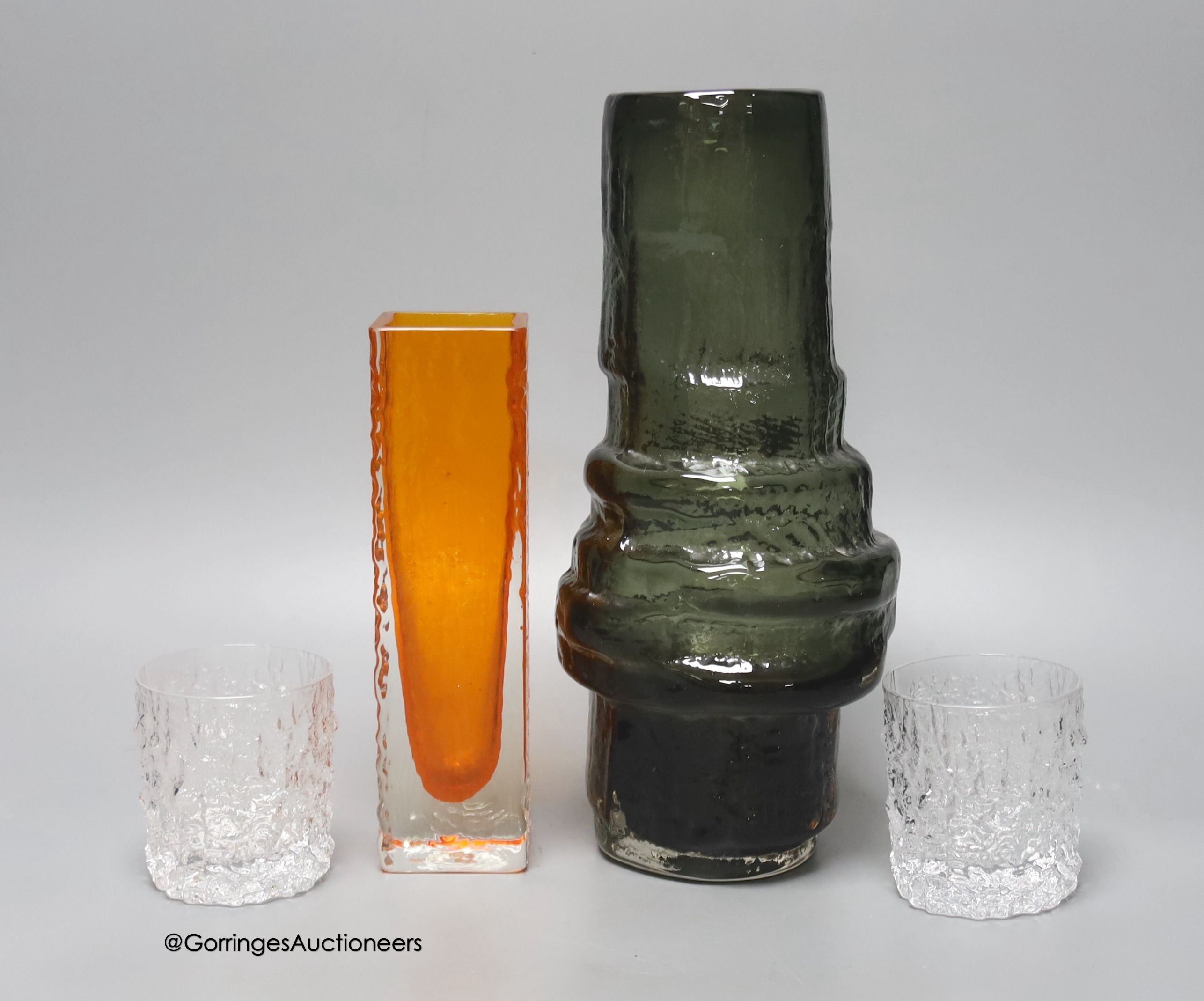 Two Whitefriars glass vases and a part set of five boxed Whitefriars spirit glasses